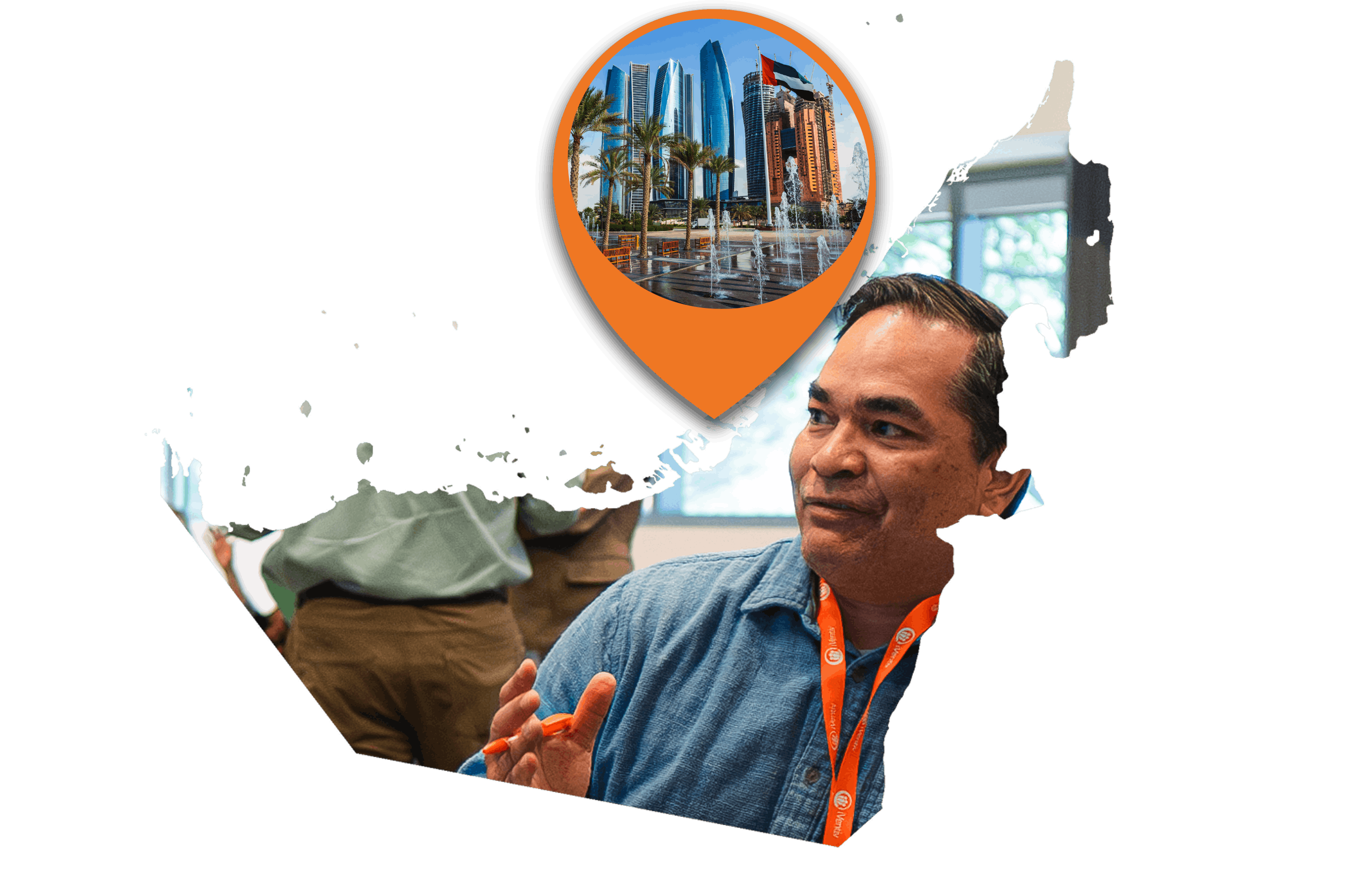 An image of the UAE containing iVentiv delegates enjoying conversation. An orange location pin hovers over Abu Dhabi