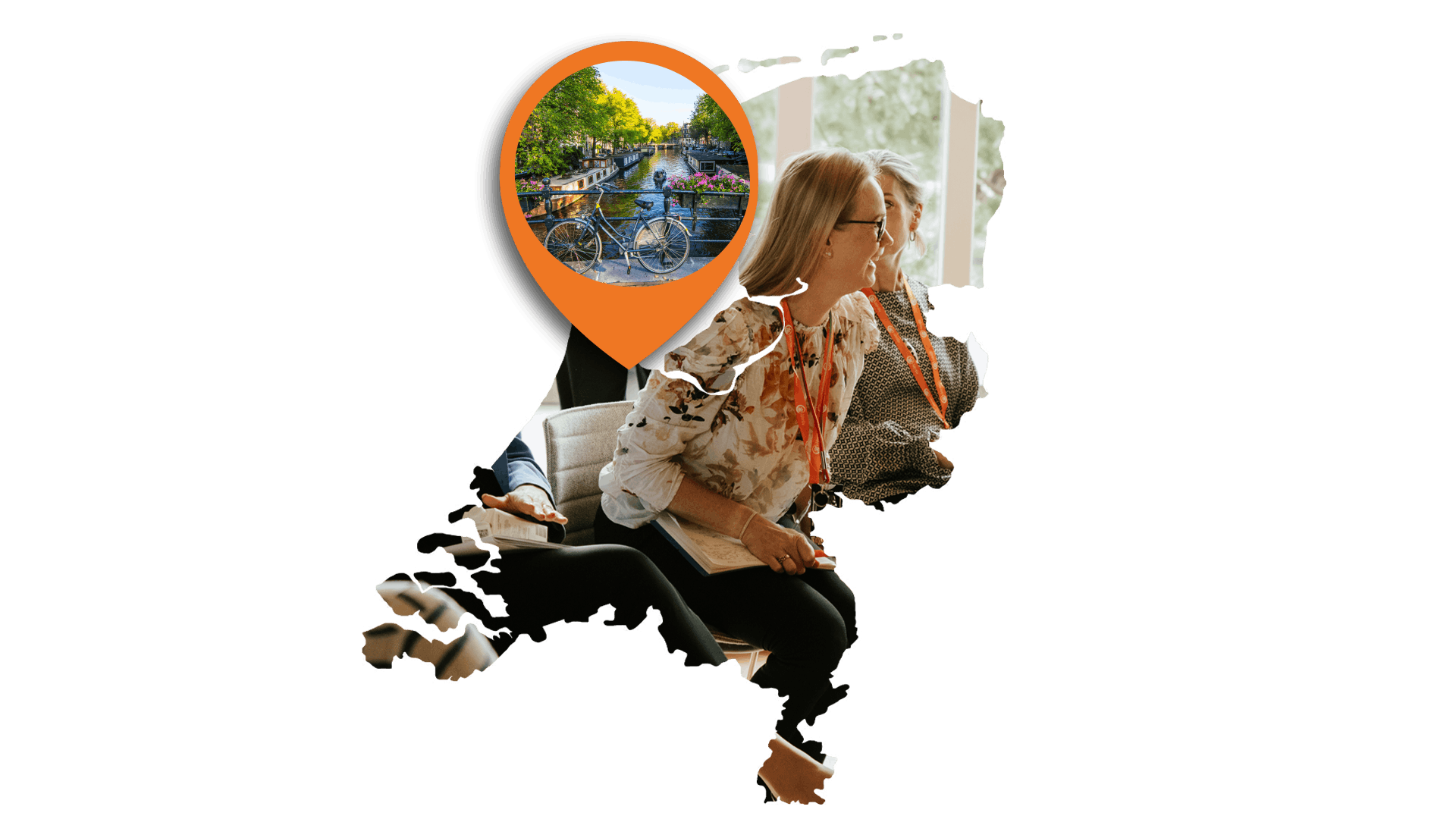 A map of The Netherlands containing the image of Sanne Mantoni Macaire at an iVentiv event. An orange location pin hovers over Amsterdam
