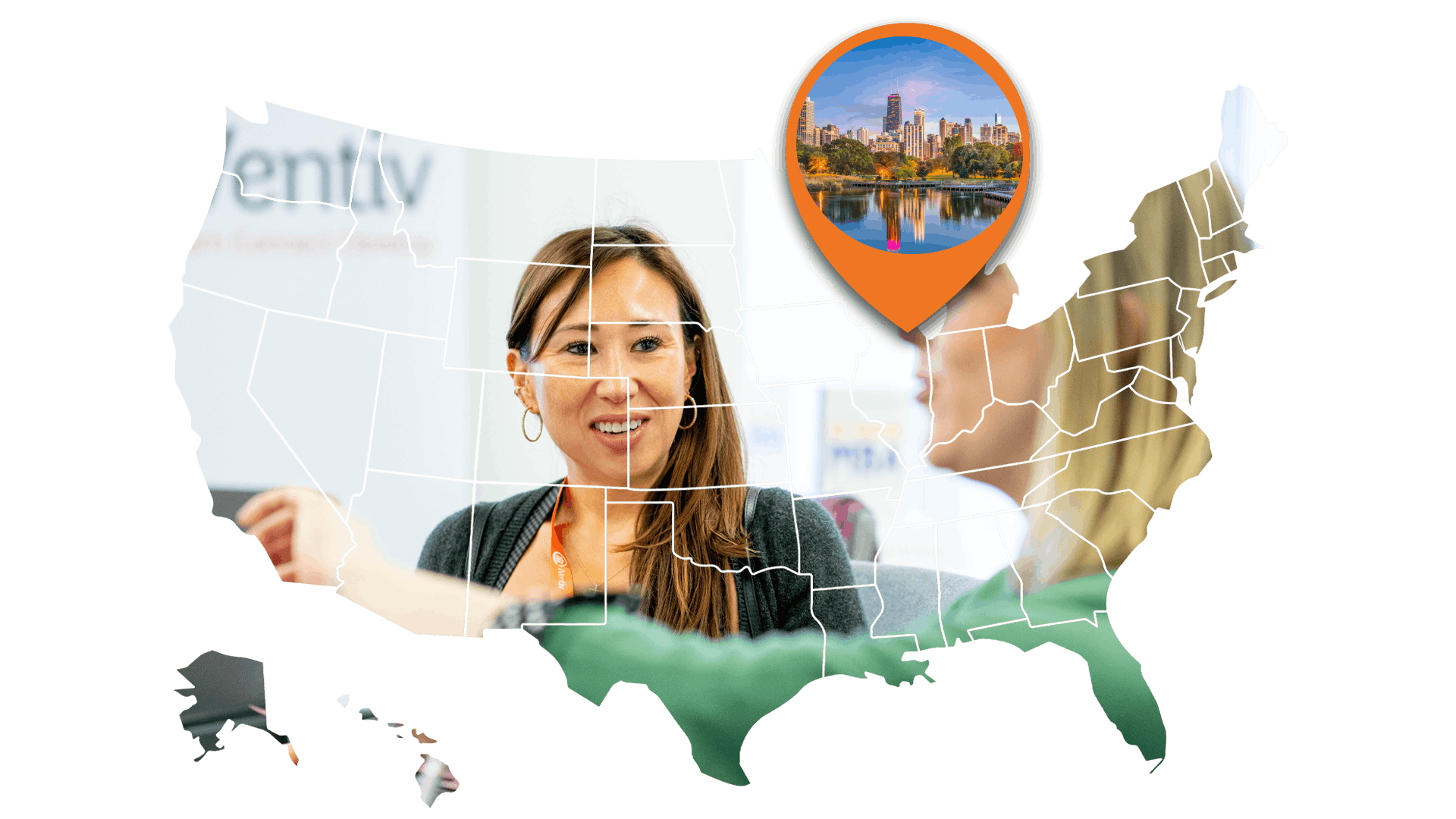 An image of the US containing an image of iVentiv delegate Ariel Leonard in Chicago. An orange location hovers over Chicago