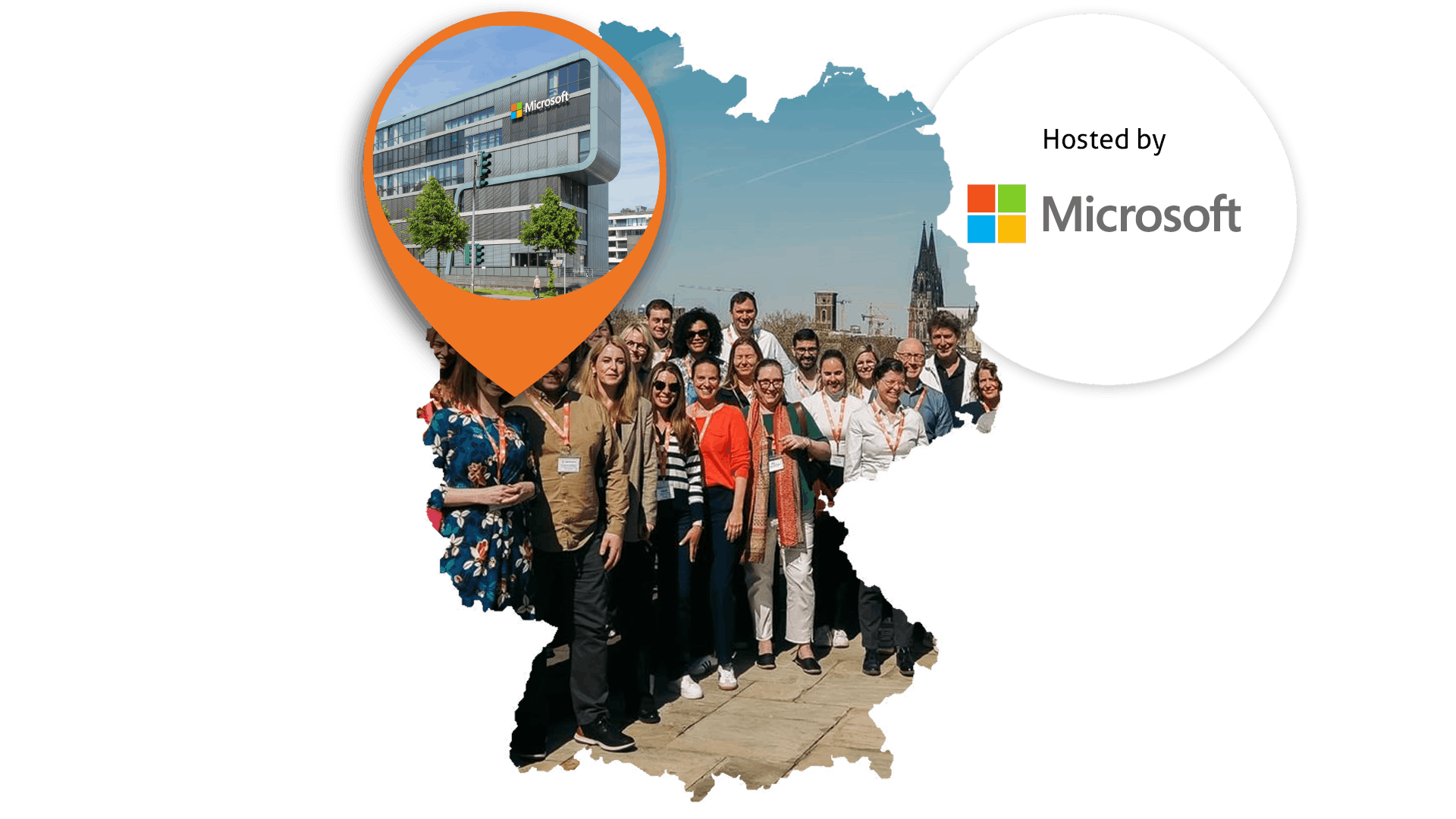 A map of Germany containing an iVentiv group photo from the Microsoft offices in Cologne. An orange location pin hovers on Cologne