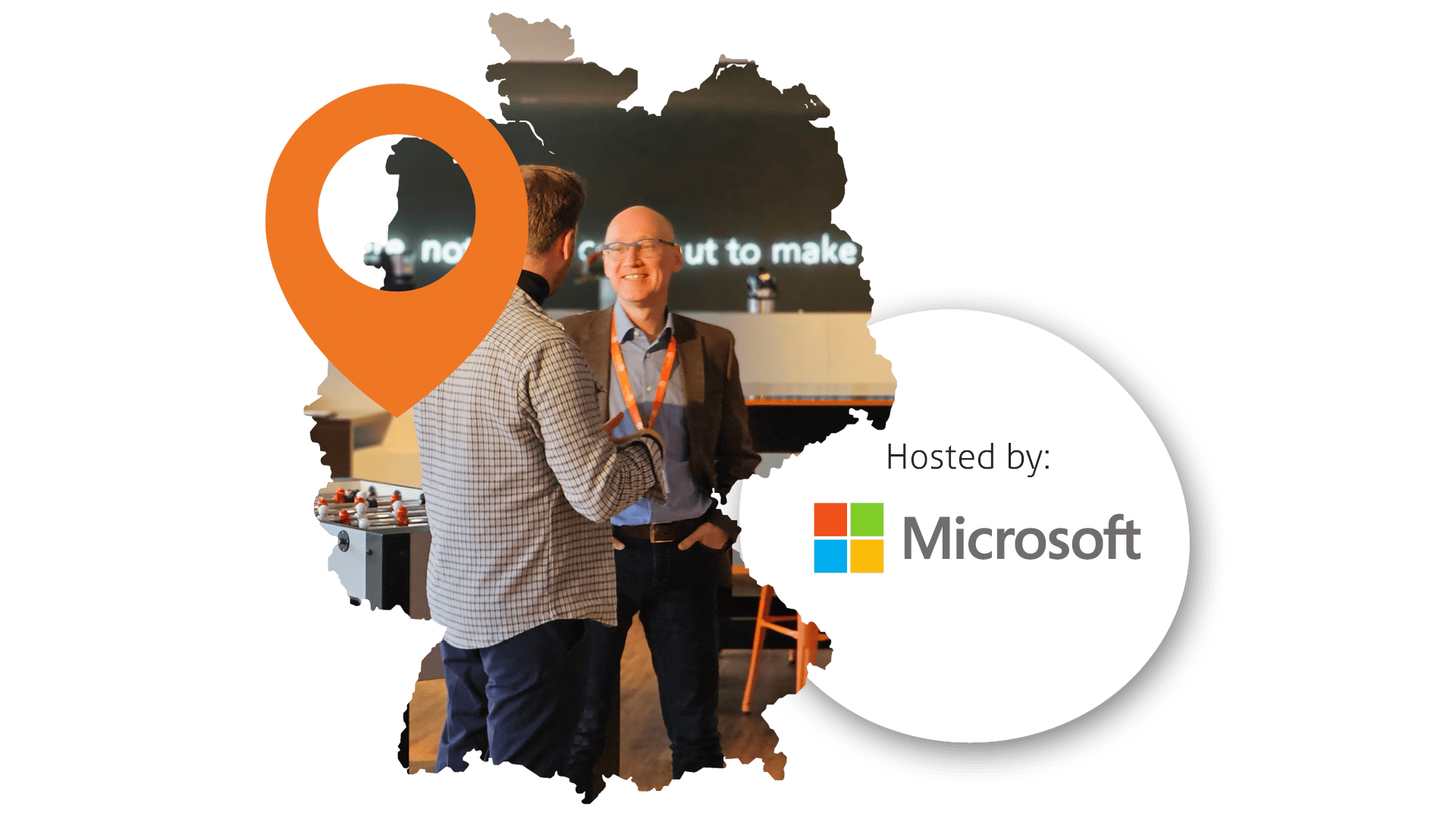 A map of Germany with a location pin over Cologne framing a picture of iVentiv event participants talking in pairs. The Microsoft logo also features.
