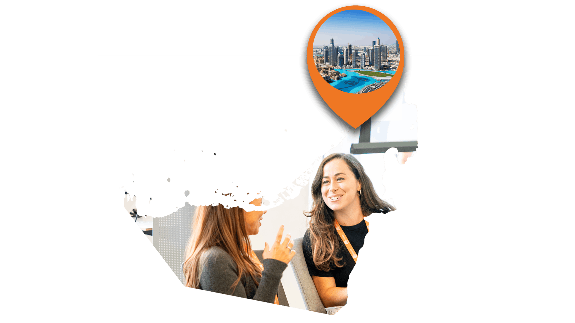 An image of the UAE containing iVentiv delegates enjoying conversation. An orange location pin hovers over Dubai