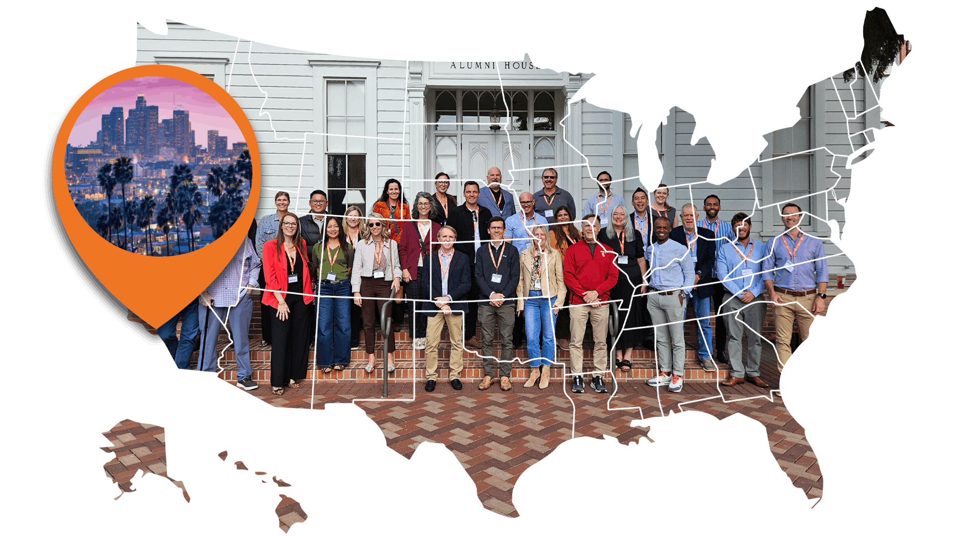 A map of the US containing a group image from iVentiv's recent event in LA. An orange location pin hovers over Los Angeles