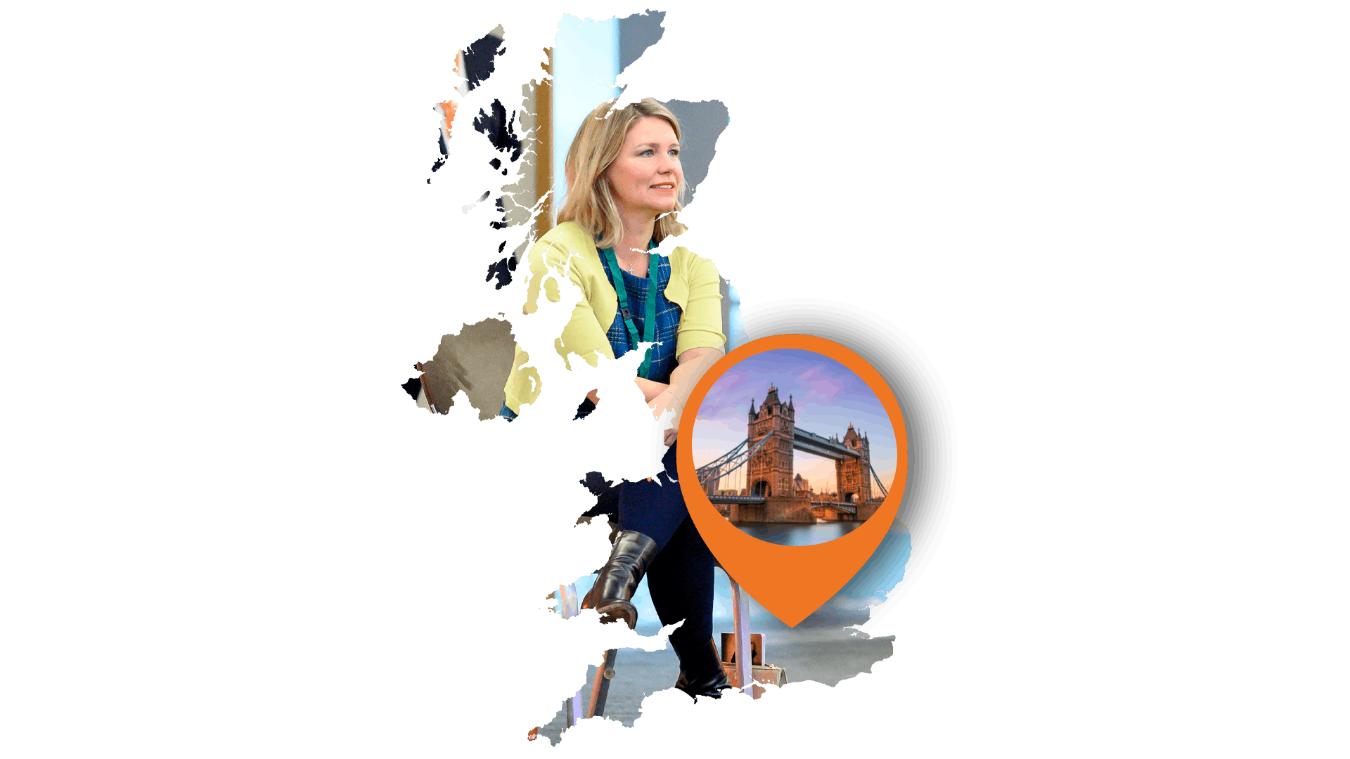 A map of the UK containing an image of event attendee Kate Evans, with an orange location pin over London
