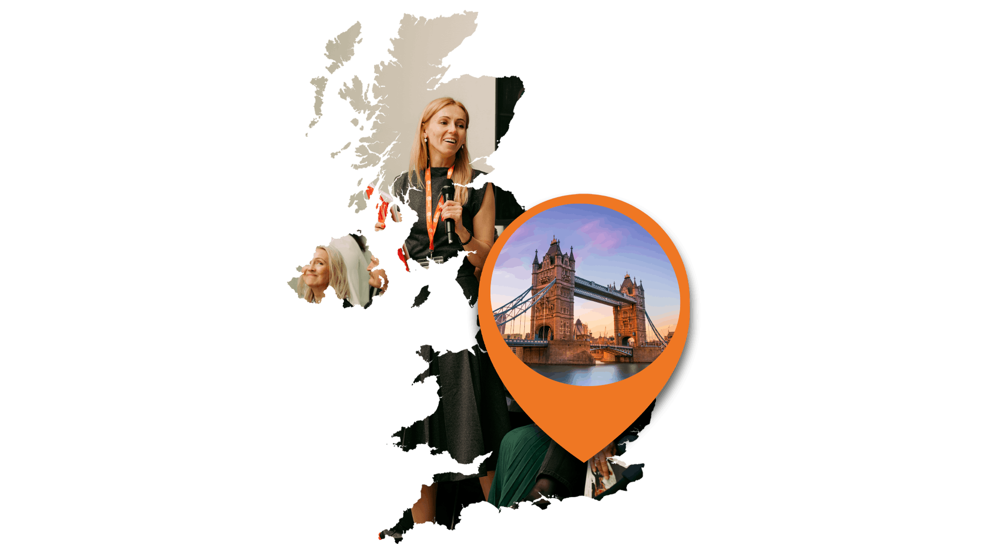 A map of the UK containing an image of iVentiv delegates engaged in conversation. An orange location pin hovers over London