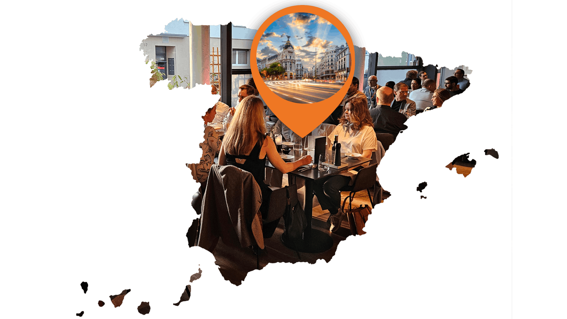 iVentiv event participants, framed in a map of Spain. An orange location pin hovers over Madrid
