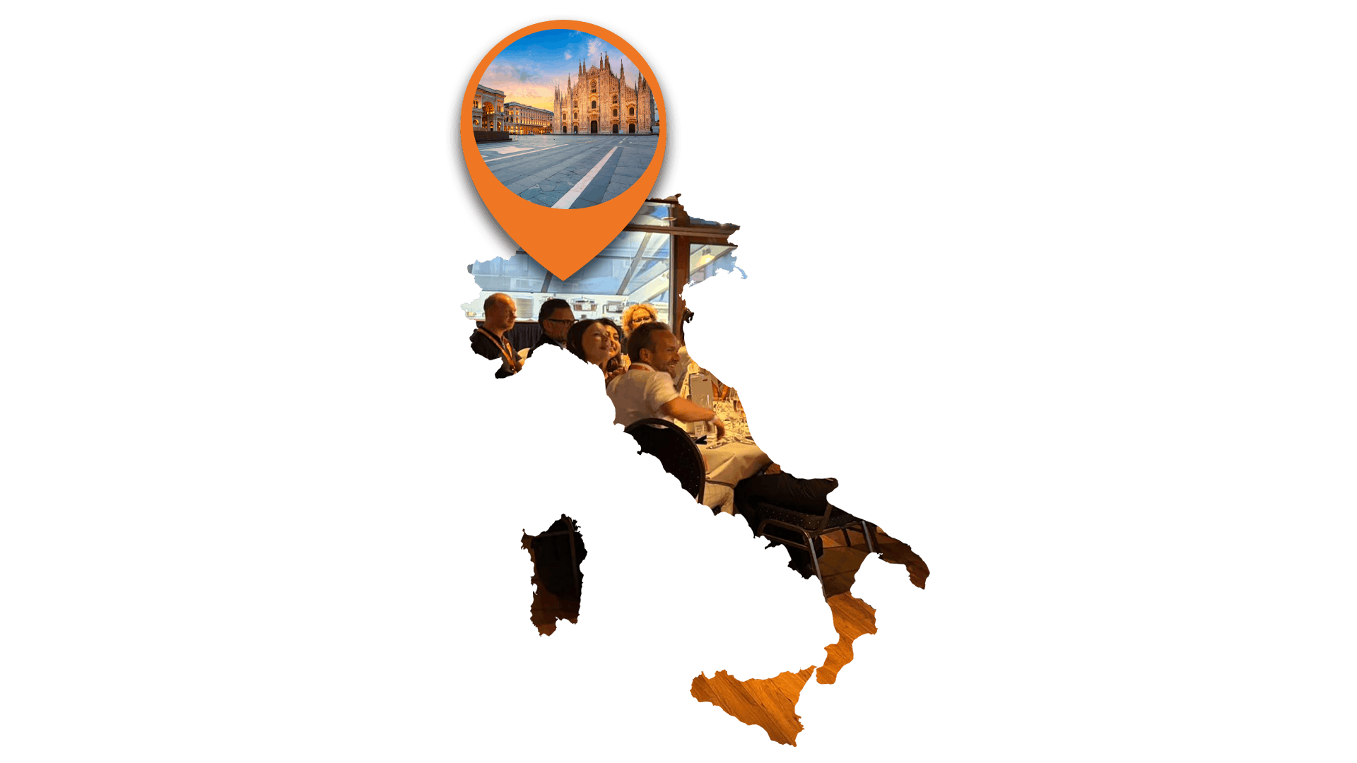 A photo of delegates at an iVentiv event, framed in a map of Italy, with a pin pointing at Milan
