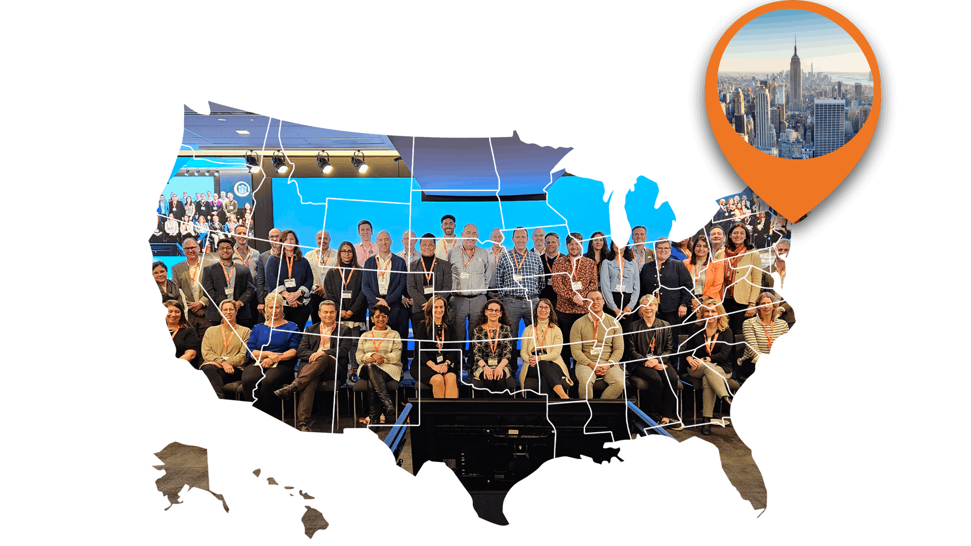 A map of the US containing a group picture from iVentiv's Learning Futures NYC event at MetLife, with an orange location pin on New York