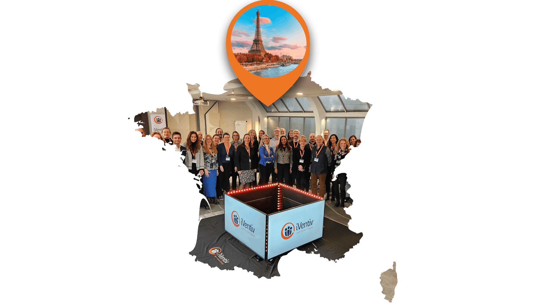 A map of France as a frame for a photo of iVentiv participants, with an orange pin pointed to Paris