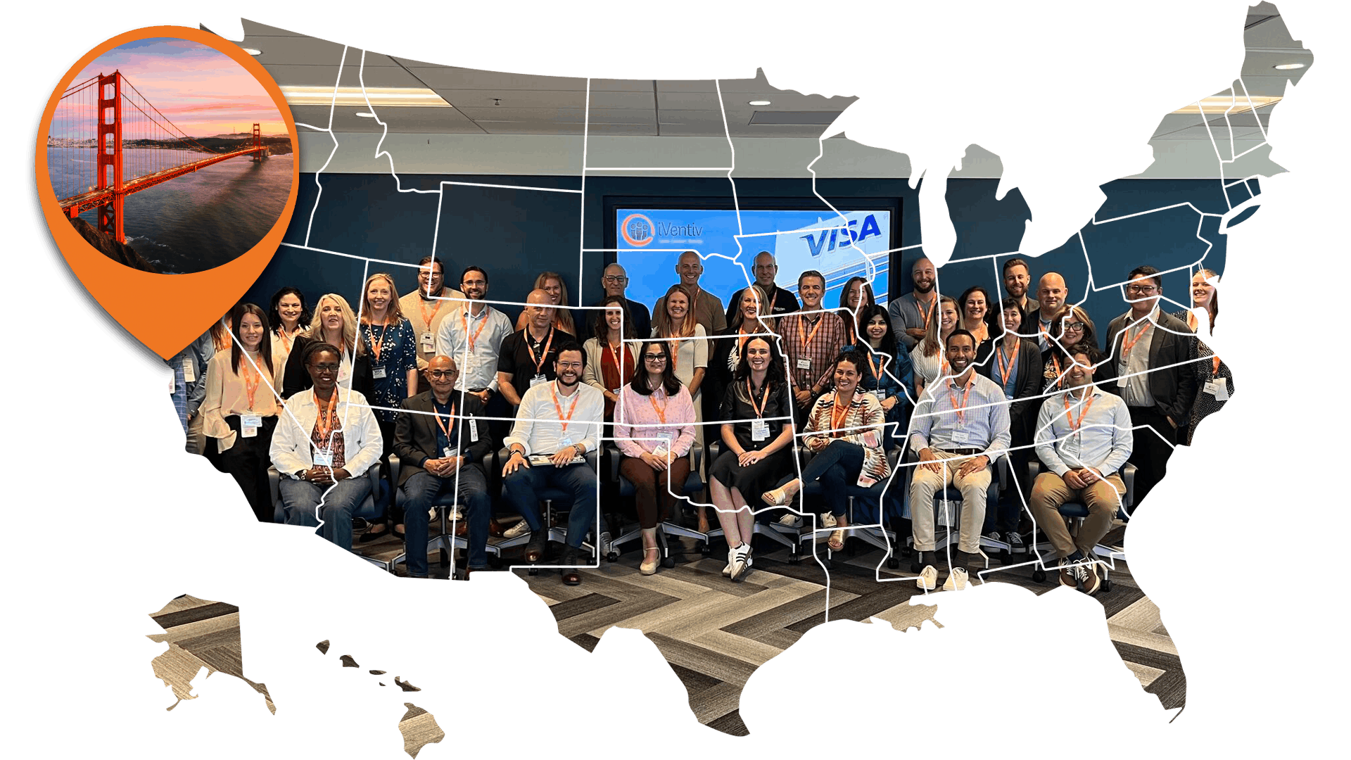 A map of the US containing a group image from iVentiv's most recent San Francisco event. An orange location pin hovers over San Francisco