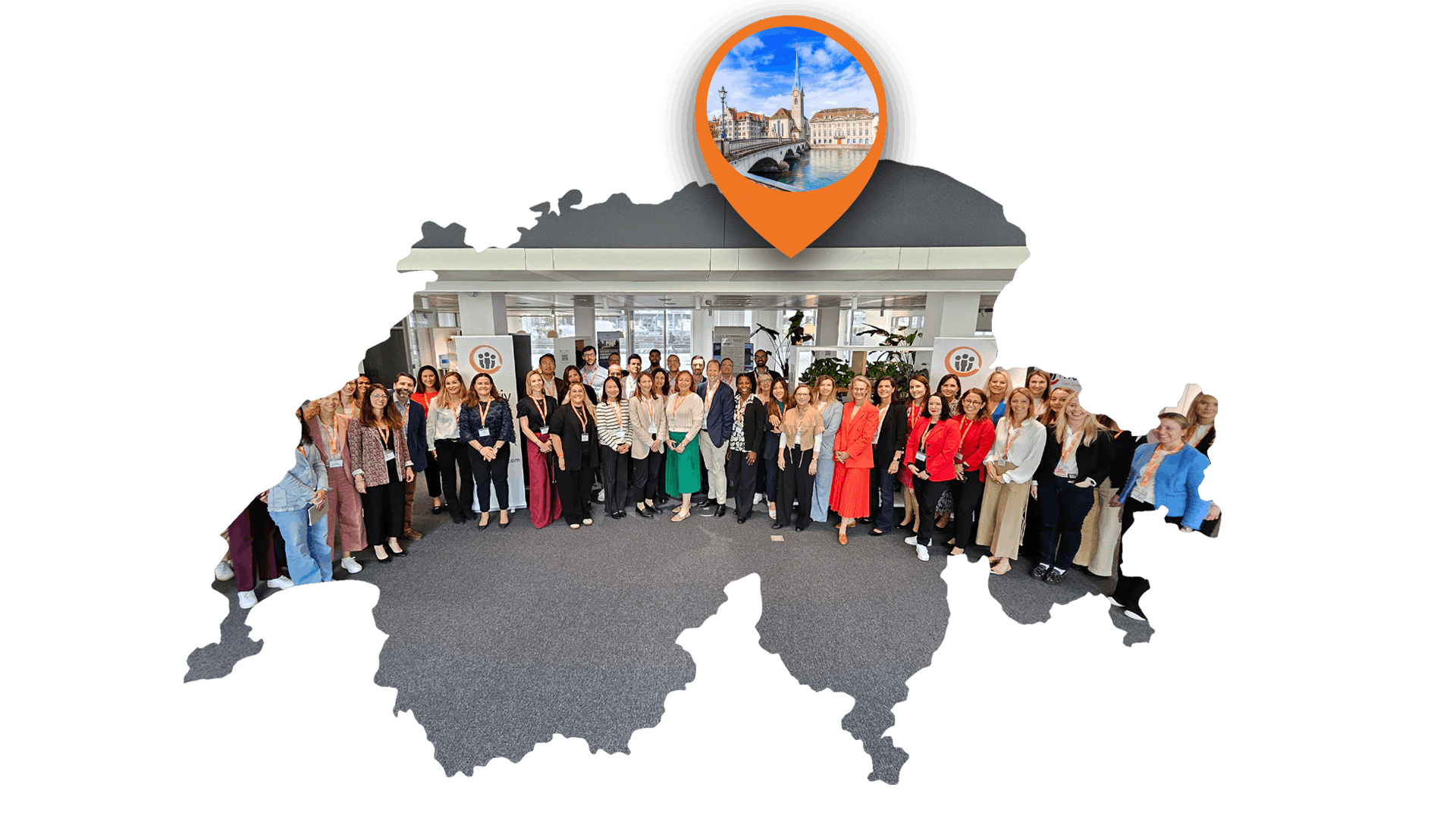 A map of Switzerland containing a group photo from iVentiv's Talent Management event. An orange location pin hovers over Zürich