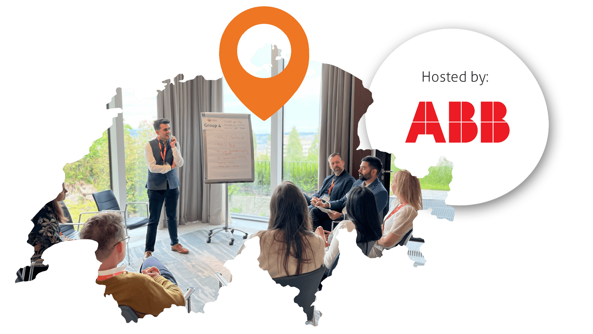 A map of Switzerland with a location pin on Zurich. The ABB host logo also features.