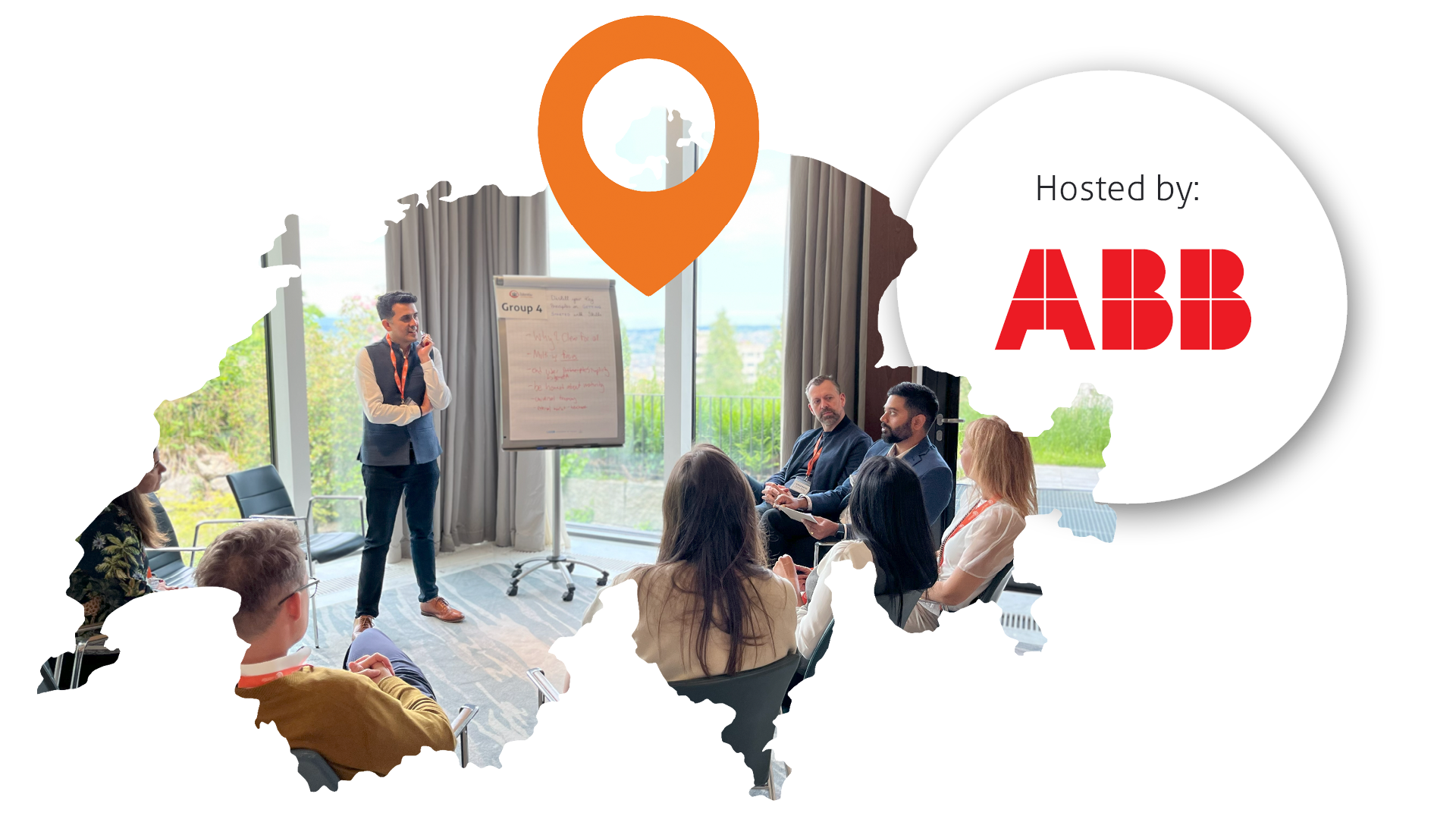 A map of Switzerland with a location pin on Zurich. The ABB host logo also features.